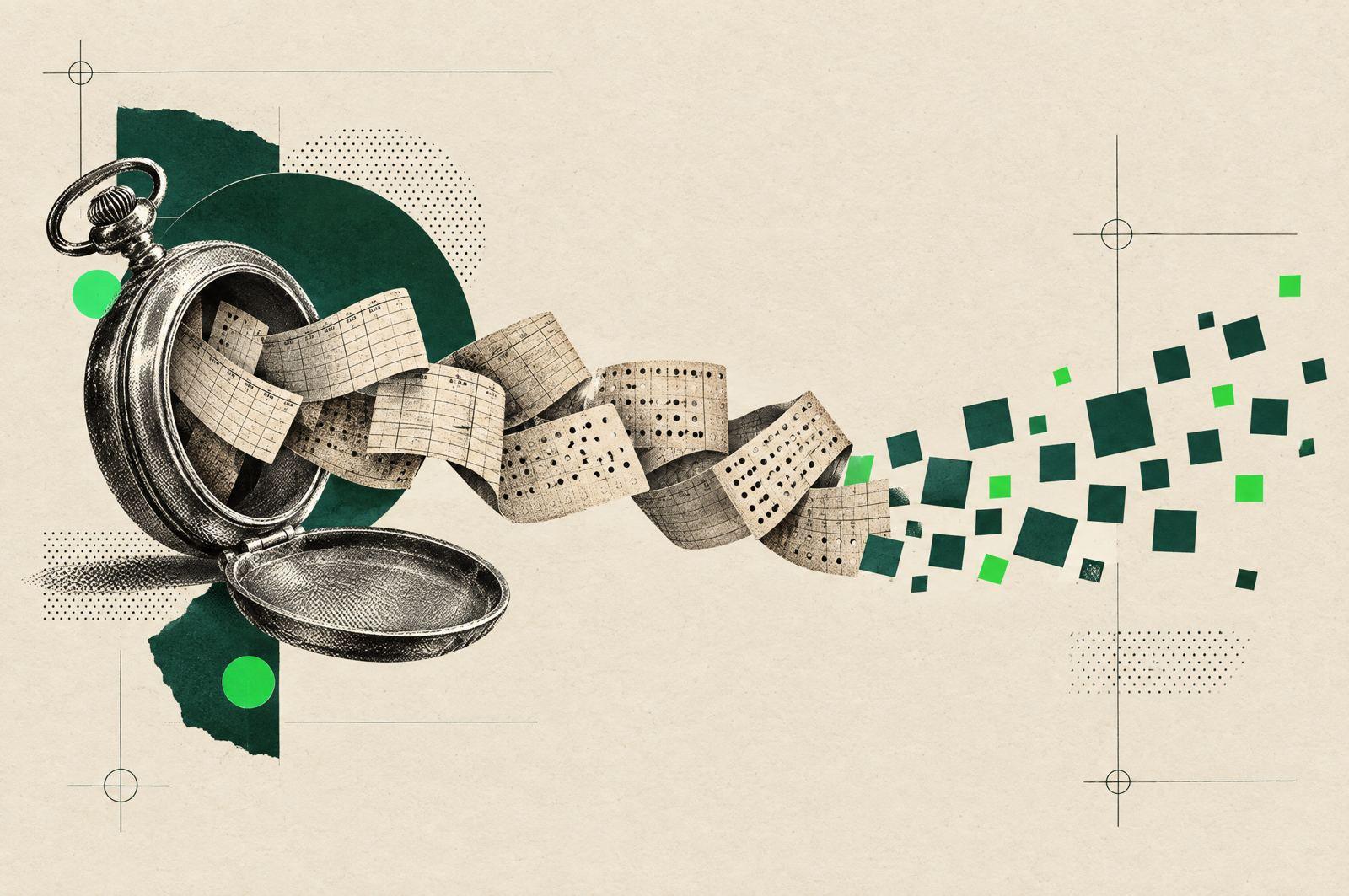 Collage: an open vintage pocket watch spilling paper time cards that turn into small green squares.