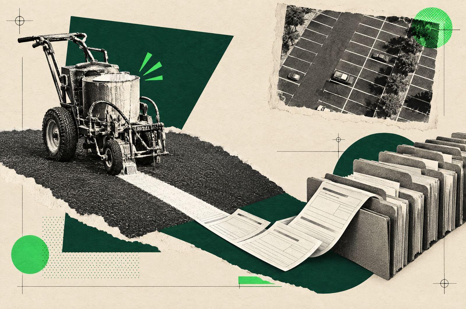 Collage: a vintage parking-lot striping machine painting a line that turns into work orders filing into folders.