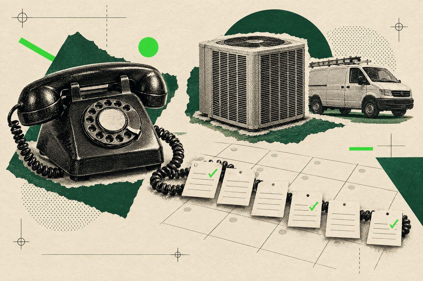Collage: a vintage rotary phone whose cord unspools into appointment cards on a calendar, an AC unit and service van behind.