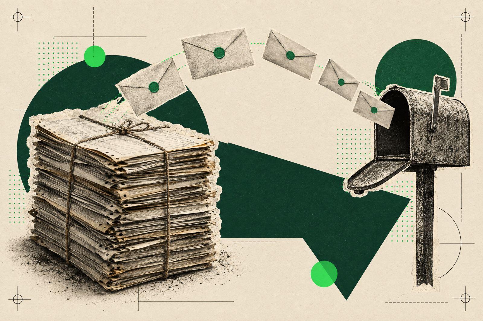 Collage: a stack of old estimate forms tied with string, envelopes lifting off it toward a vintage mailbox.