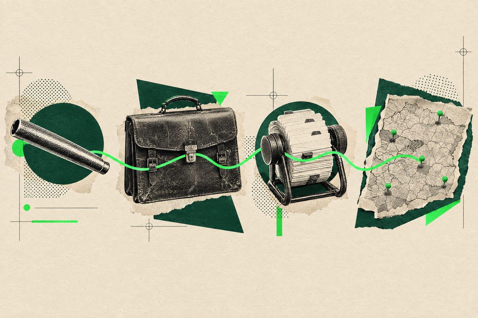 Collage: a relay baton, a leather briefcase, a rolodex and a territory map joined by one continuous green line.