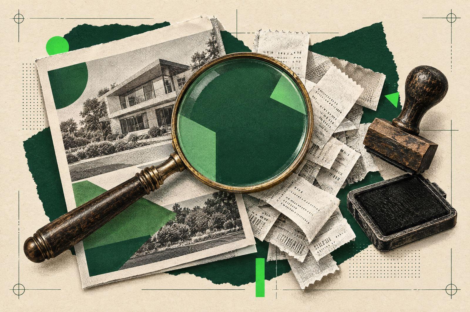 Collage: a vintage magnifying glass over a glossy brochure and receipts, revealing plain green blocks under the lens.
