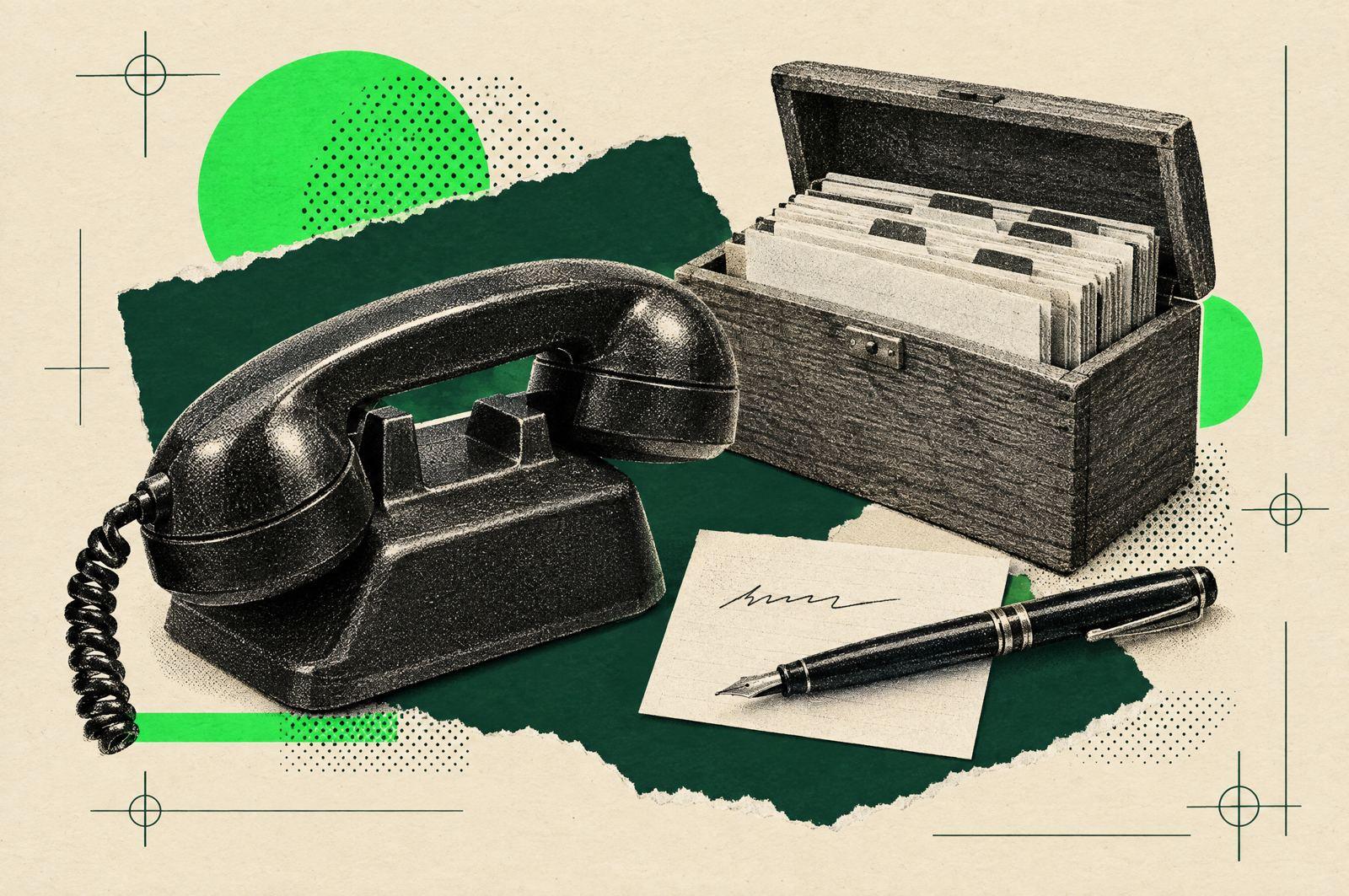 Collage: a vintage telephone handset on its cradle beside an index card with one handwritten line, a fountain pen and a box of contact cards.