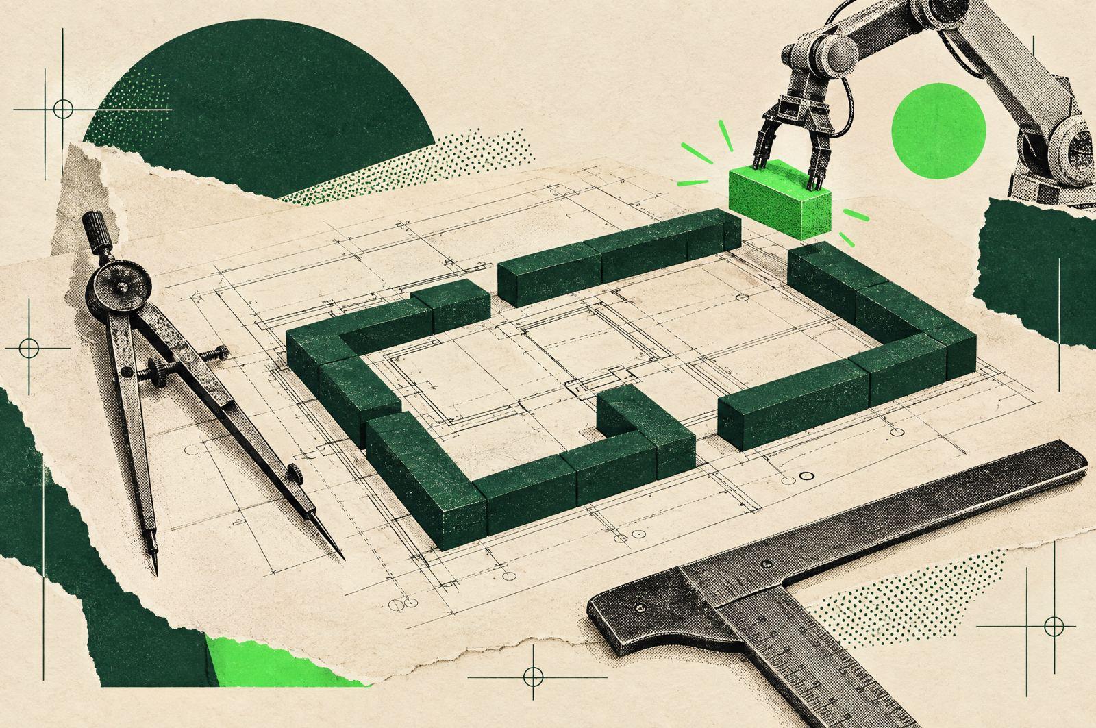 Collage: a building foundation blueprint with green blocks being laid on it like bricks, a drafting compass and T-square beside it.