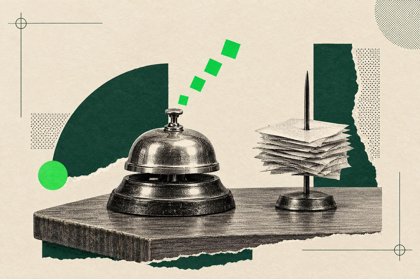 Collage: an old brass service bell on a shop counter beside a paper order ticket, with small green squares rising from the bell.