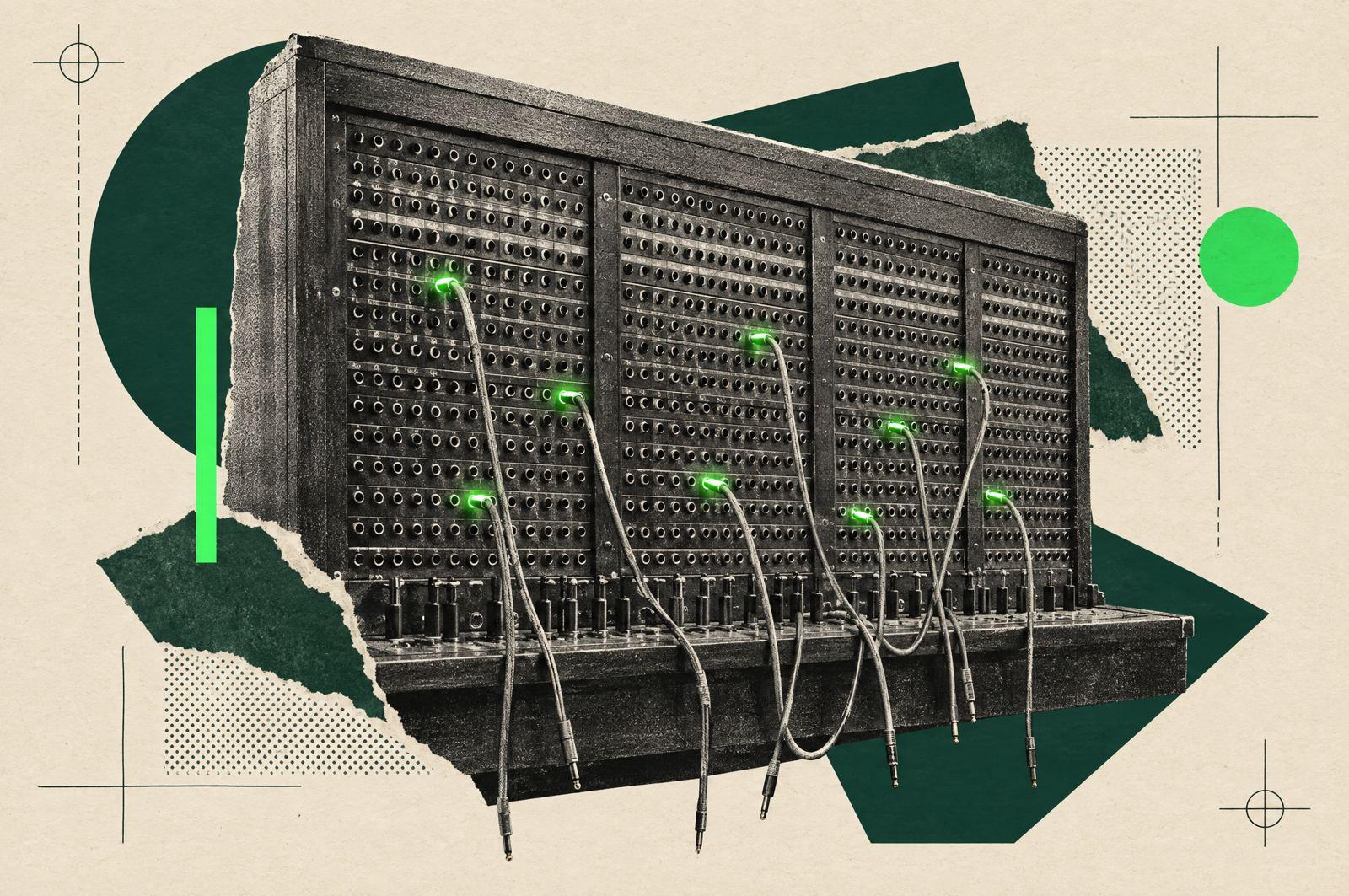 Collage: a vintage telephone switchboard with hundreds of patch cords, only a handful of plugs lit green.