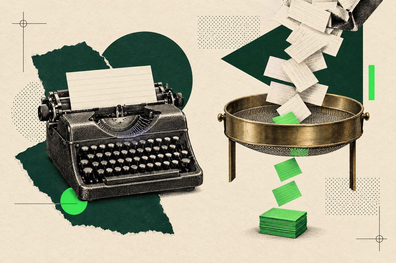 Collage: a vintage typewriter with an index-card intake form, and a brass sorting tray letting only a few green cards through.