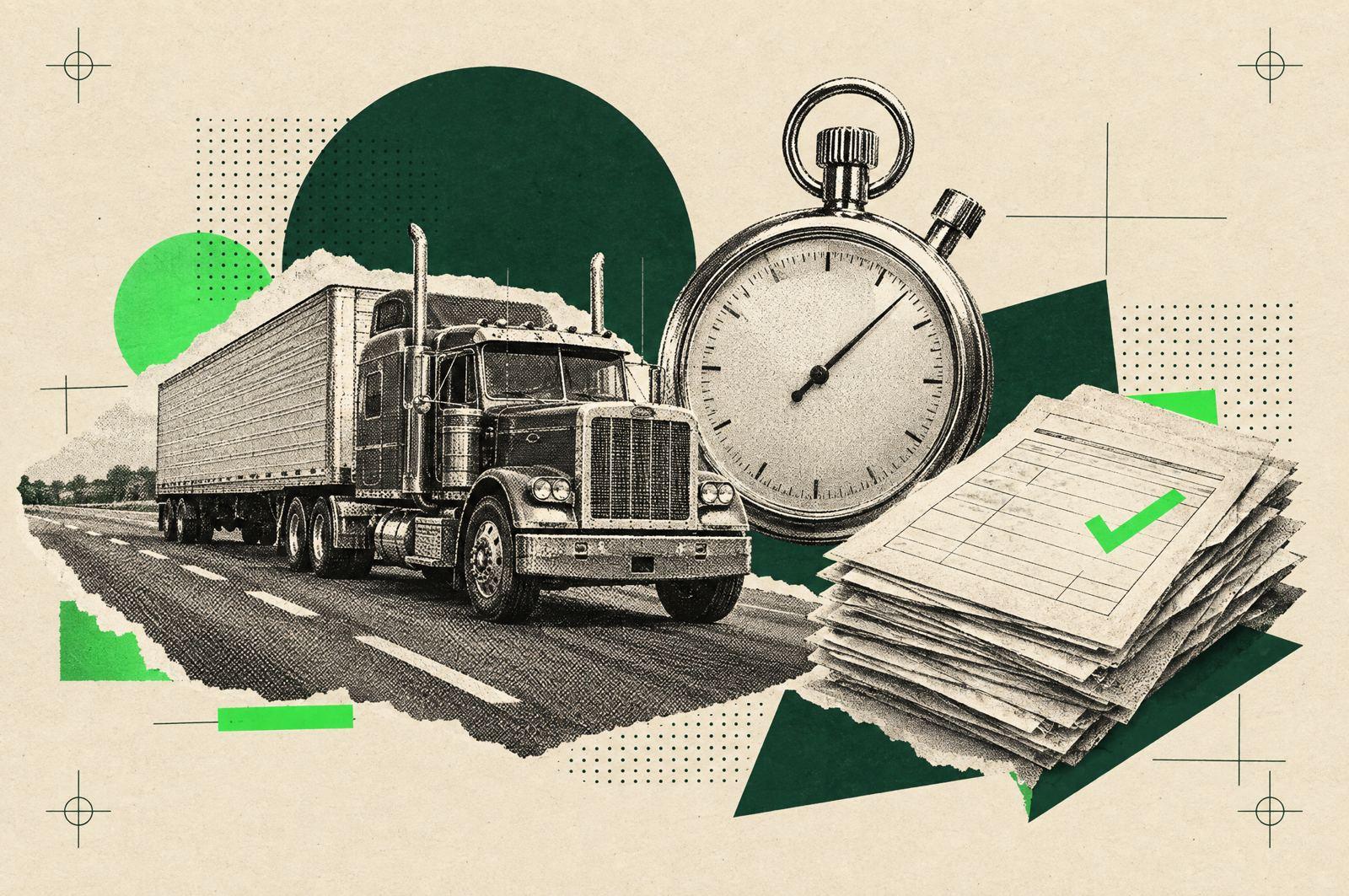 Collage: a vintage freight truck beside a stopwatch and a stack of shipping manifests, one marked with a green check.