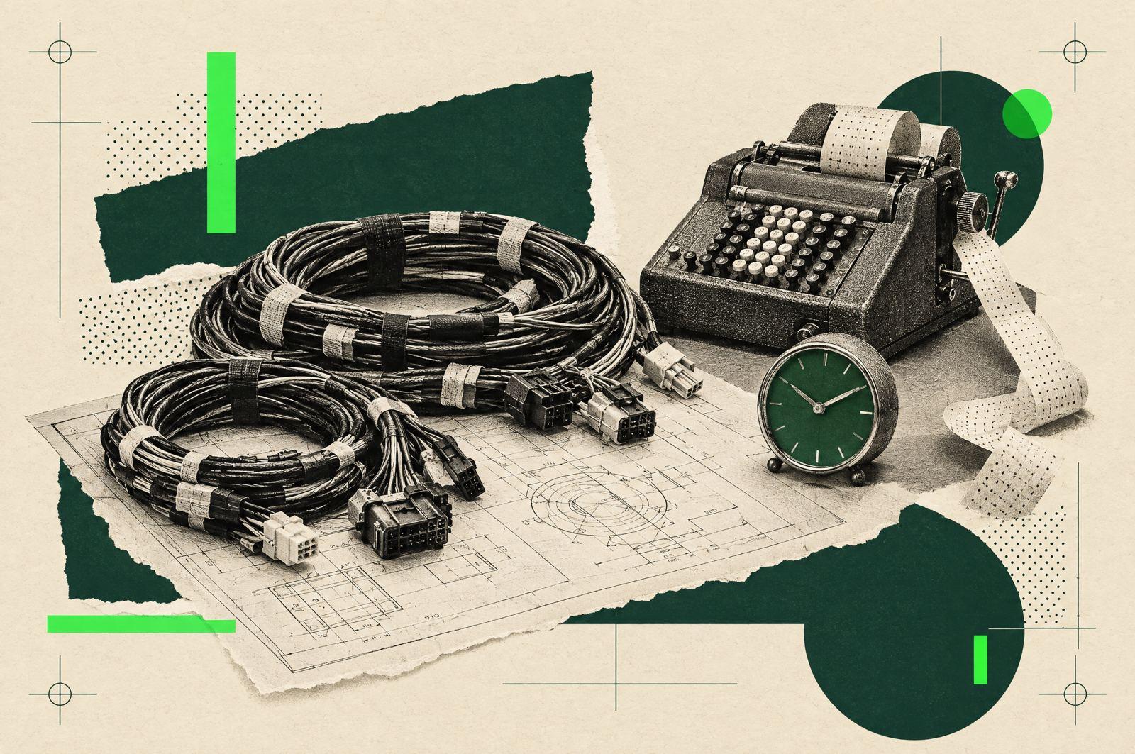 Collage: coils of wire harness beside a technical drawing and a vintage adding machine, with a green clock.
