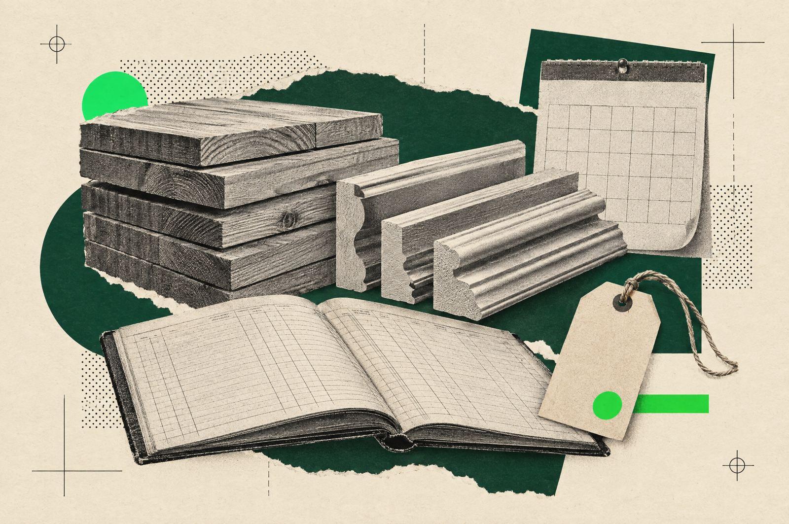 Collage: stacked lumber and millwork trim beside an open order ledger and a reorder tag with a green dot.