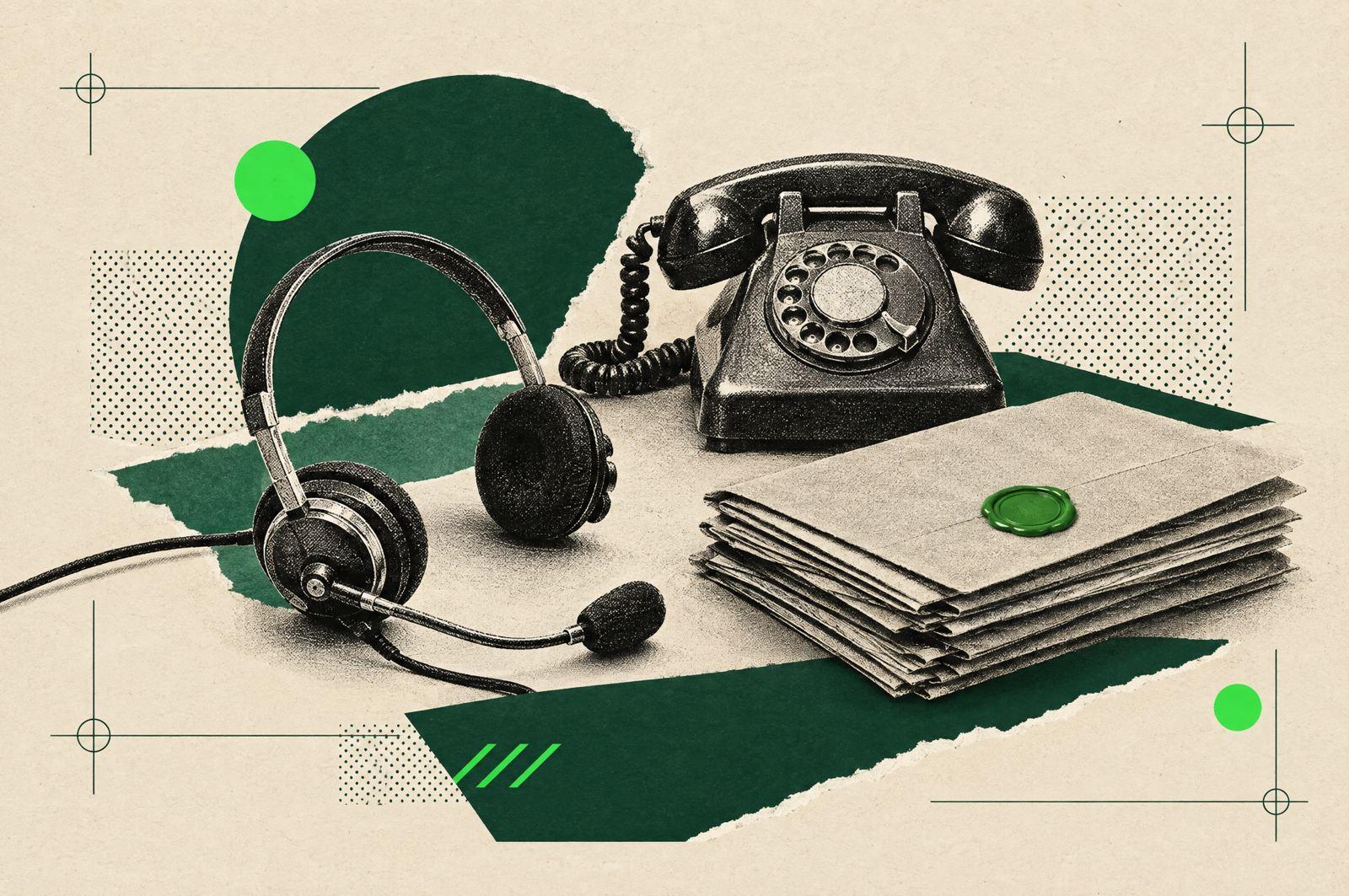 Collage: a vintage telephone operator headset on a desk beside insurance policy folders, one sealed in green.