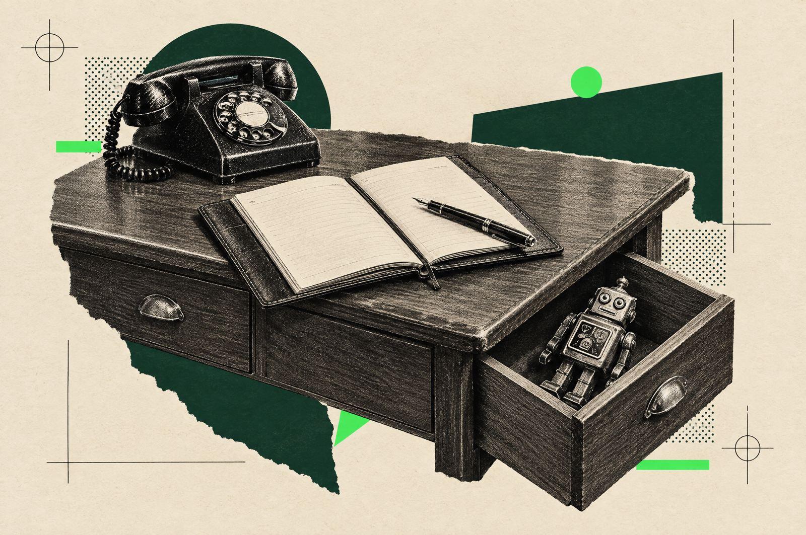 Collage: a vintage law office desk with an open appointment book and a telephone, a small tin robot set aside in a drawer.