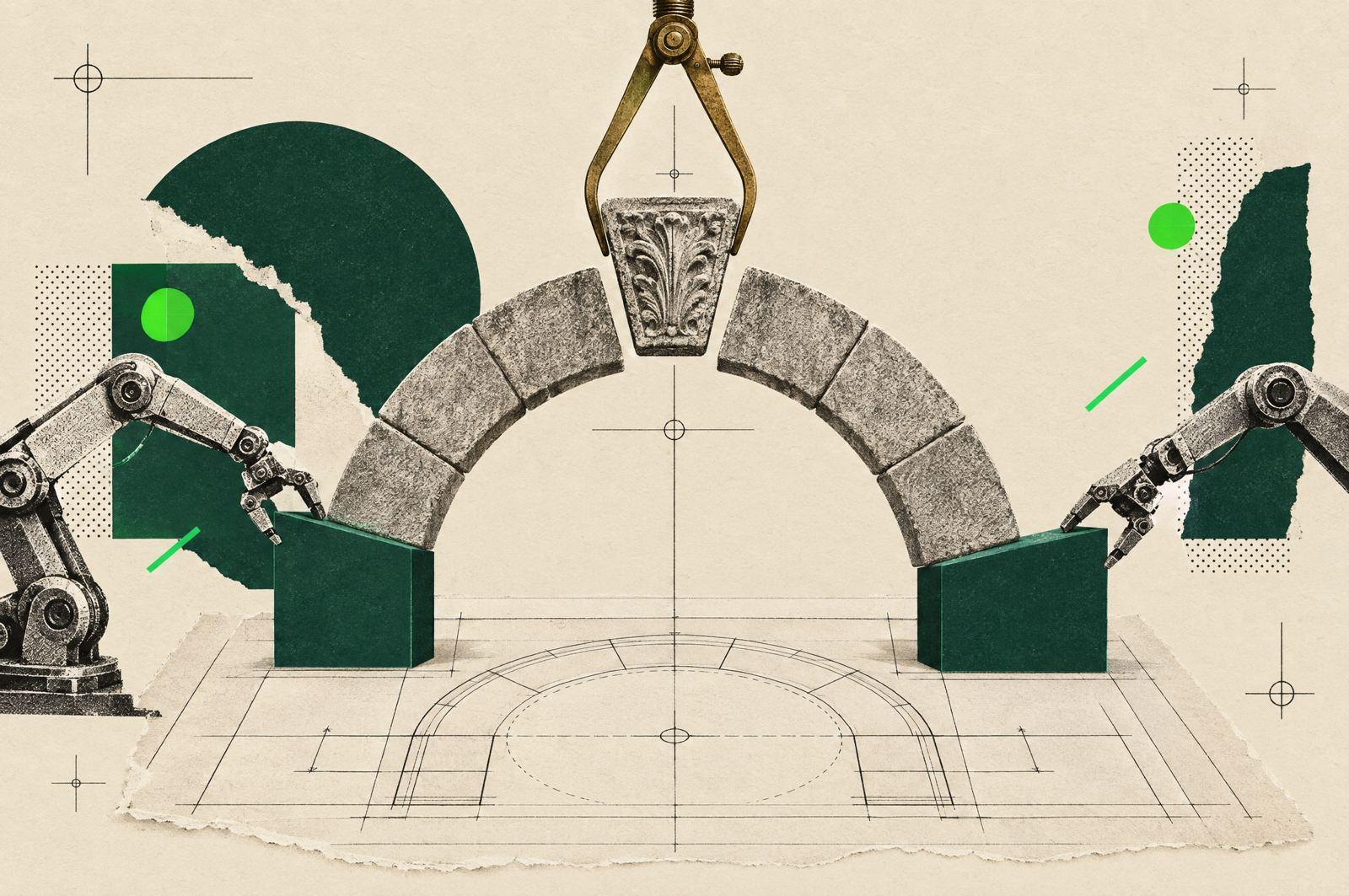 Collage: a stone arch on a blueprint. Machine arms set green blocks at both ends while a brass drafting tool lowers the carved keystone into the top.
