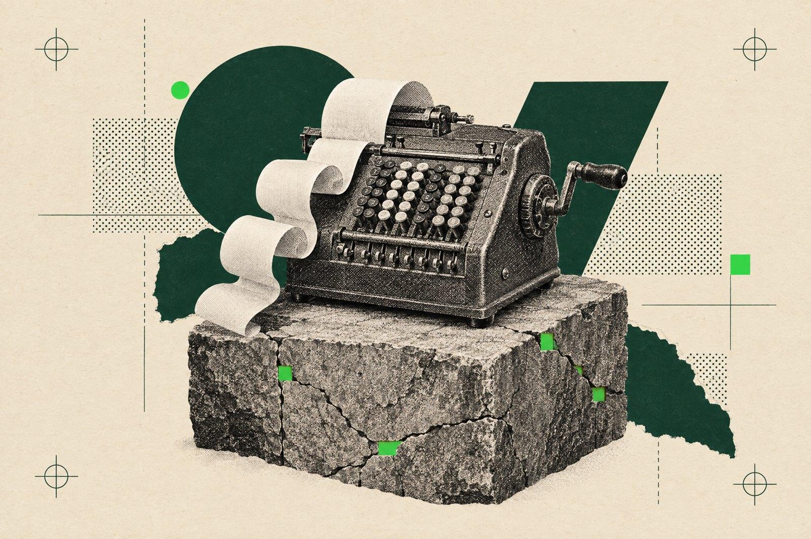Collage: a vintage hand-cranked adding machine sitting on a cracked stone foundation block, with small green squares filling some of the cracks.