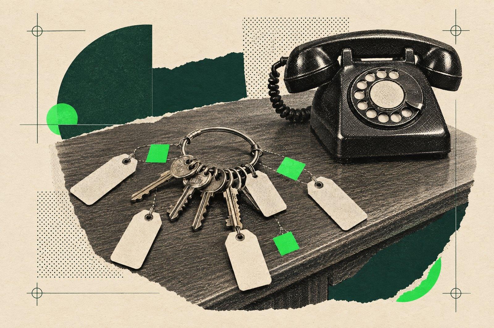 Collage: a ring of vintage brass house keys on a leasing counter beside an old desk telephone, with blank paper key tags and small green squares filling the gaps.