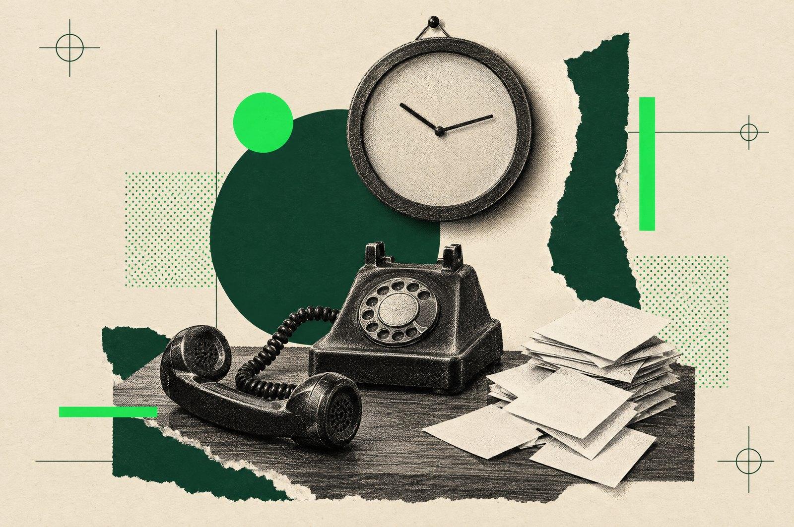 Collage: a vintage wall clock above a desk telephone with its receiver off the hook, and paper message slips piling up beside it.