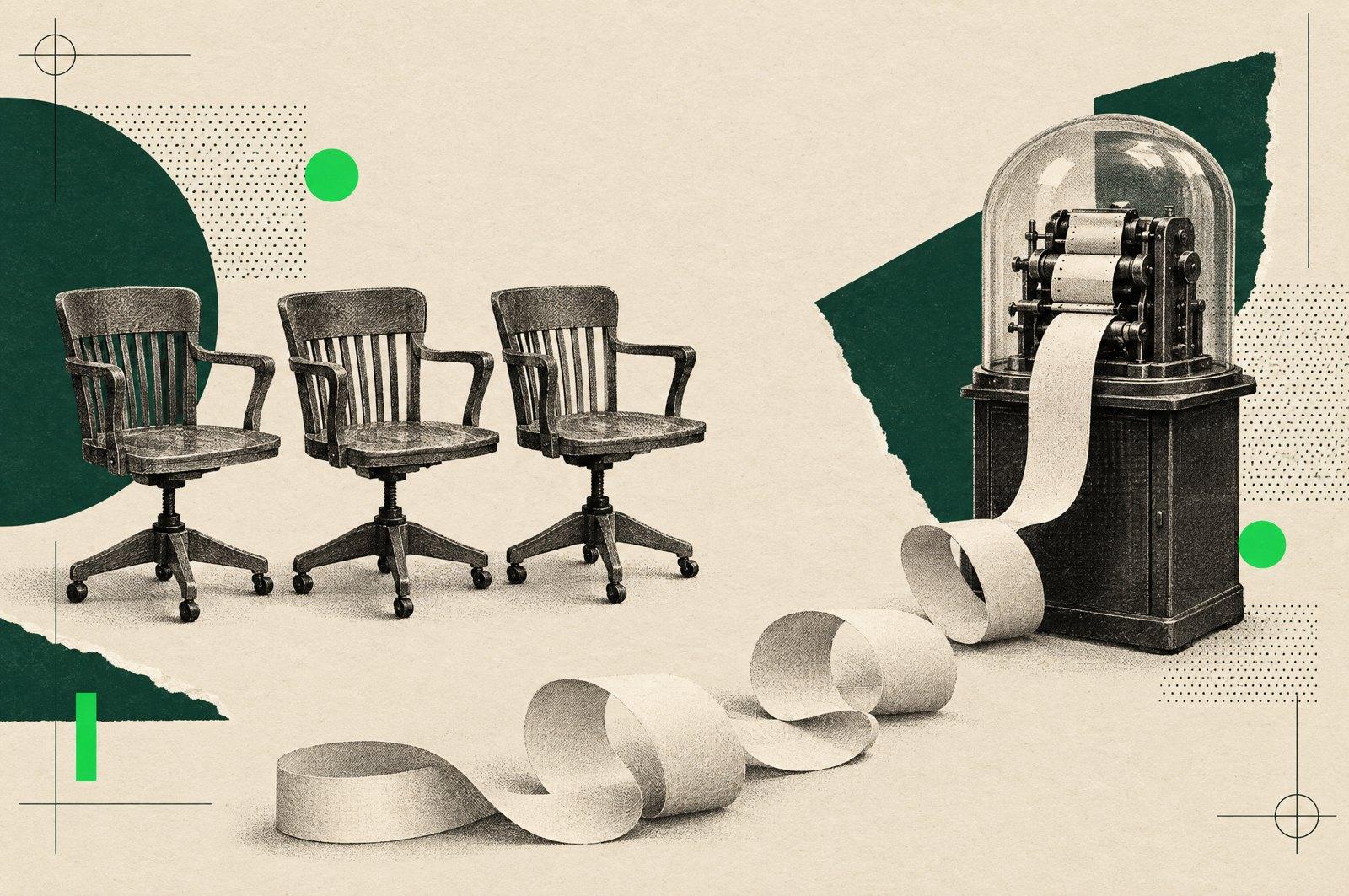 Collage: three empty wooden office chairs in a row beside a vintage ticker-tape machine pouring out a long strip of paper.