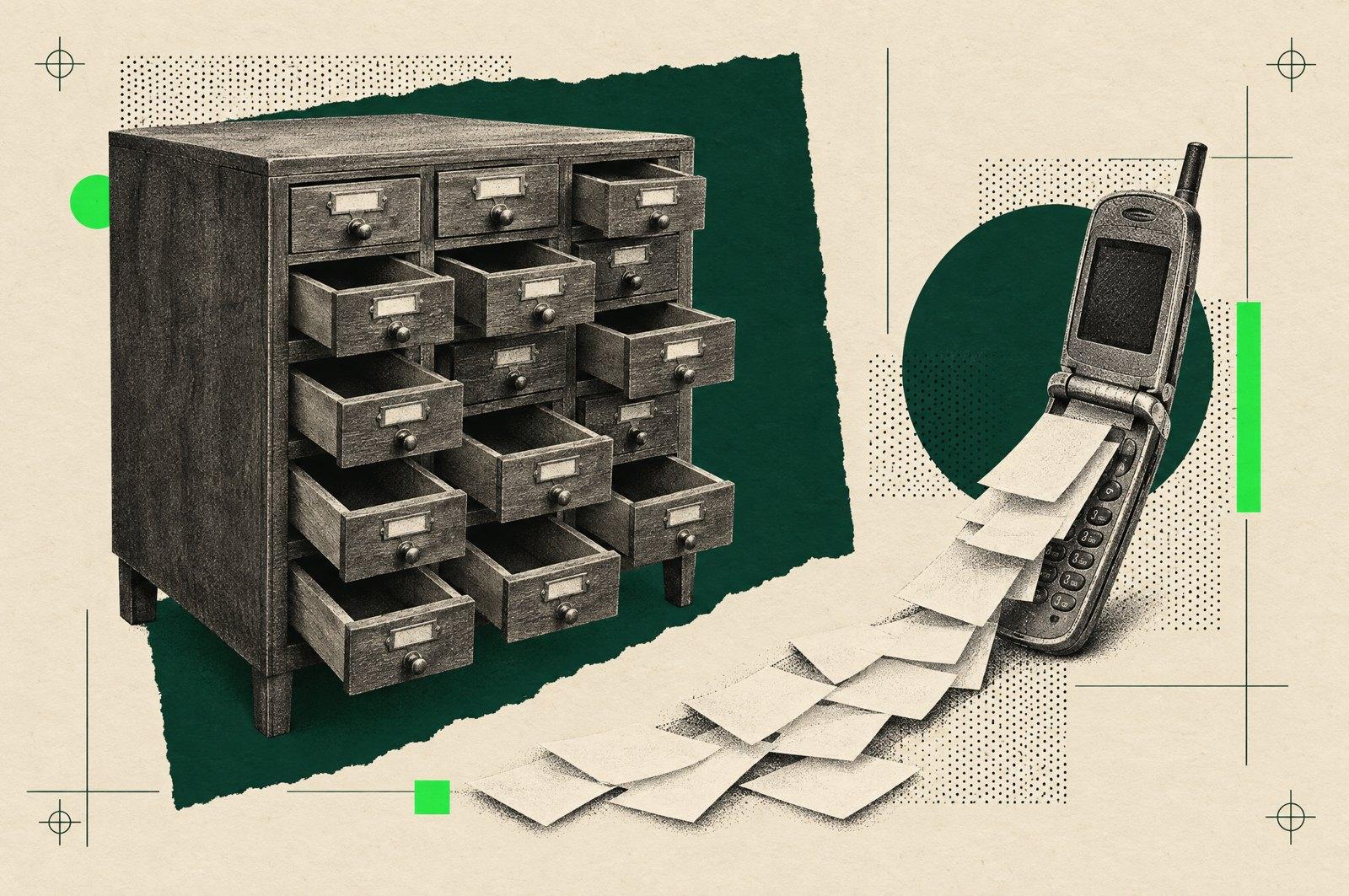 Collage: a vintage wooden card-file cabinet with most drawers pulled out and empty, beside an old flip phone spilling paper message slips.