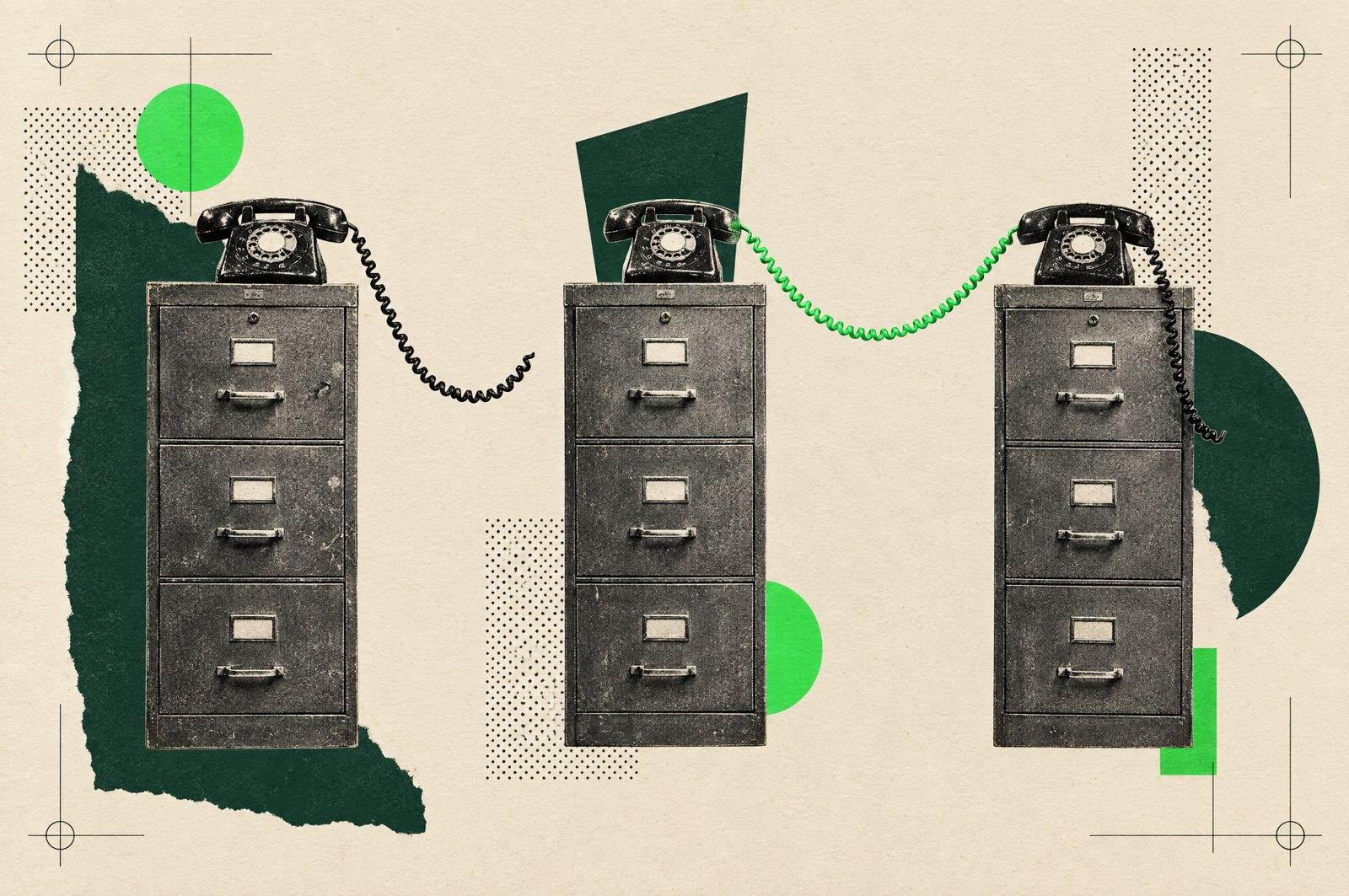 Collage: three vintage metal filing cabinets, each with an old telephone on top whose cords fall short of each other, except one green cord that bridges two of them.