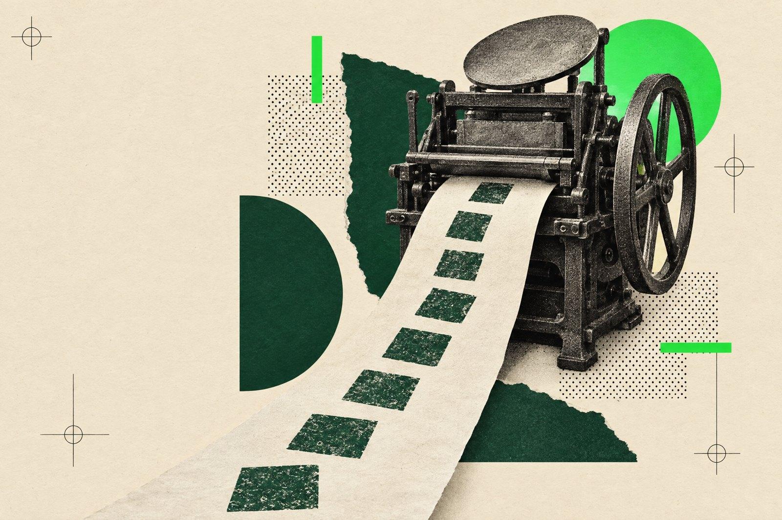 Collage: a vintage cast-iron printing press stamping the same square mark over and over along a long sheet of paper, with drafting lines and green accents.