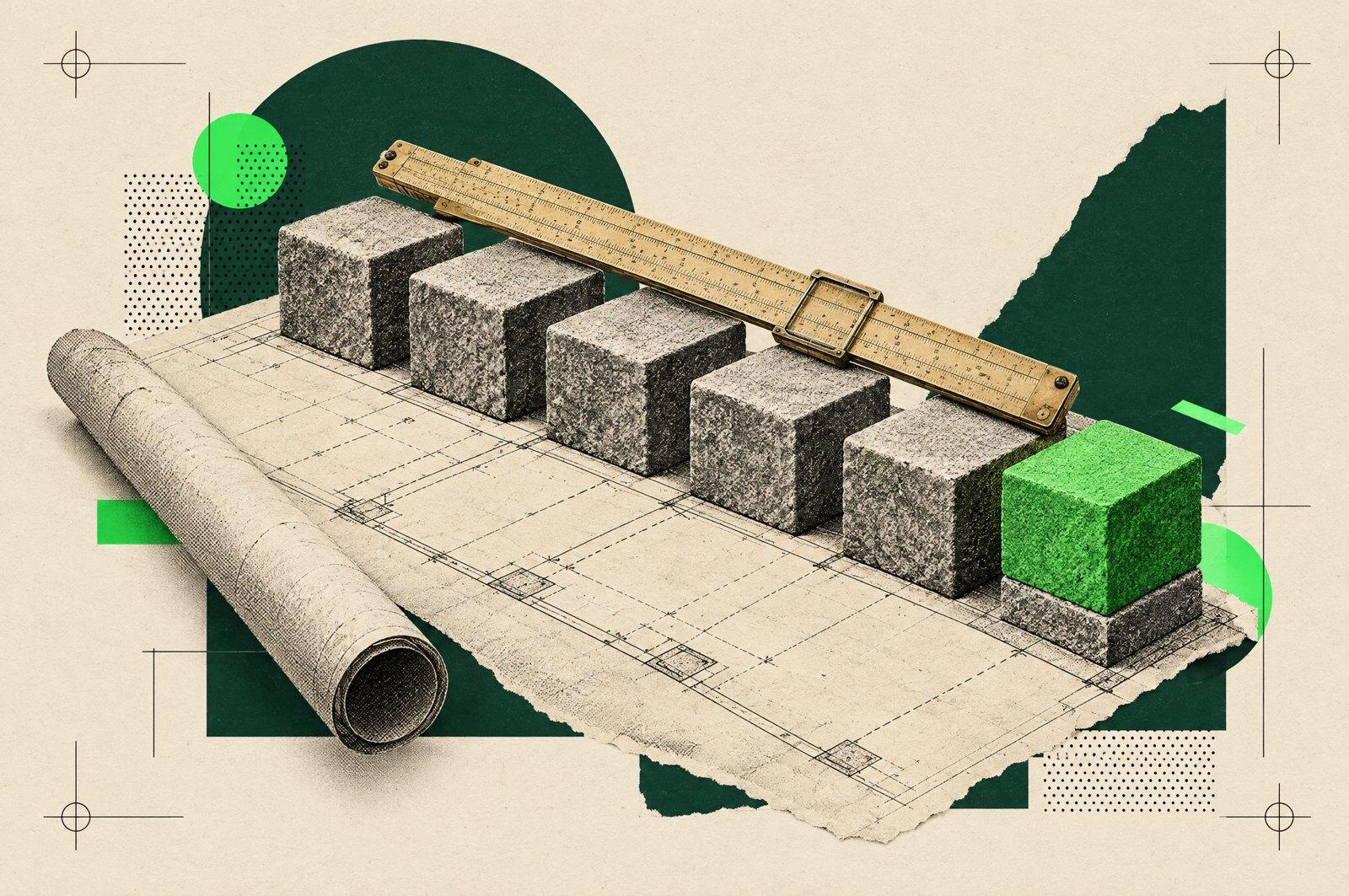 Collage: stone foundation blocks being set in a row on a vintage blueprint, a brass slide rule resting across them and a green block on the finished corner.