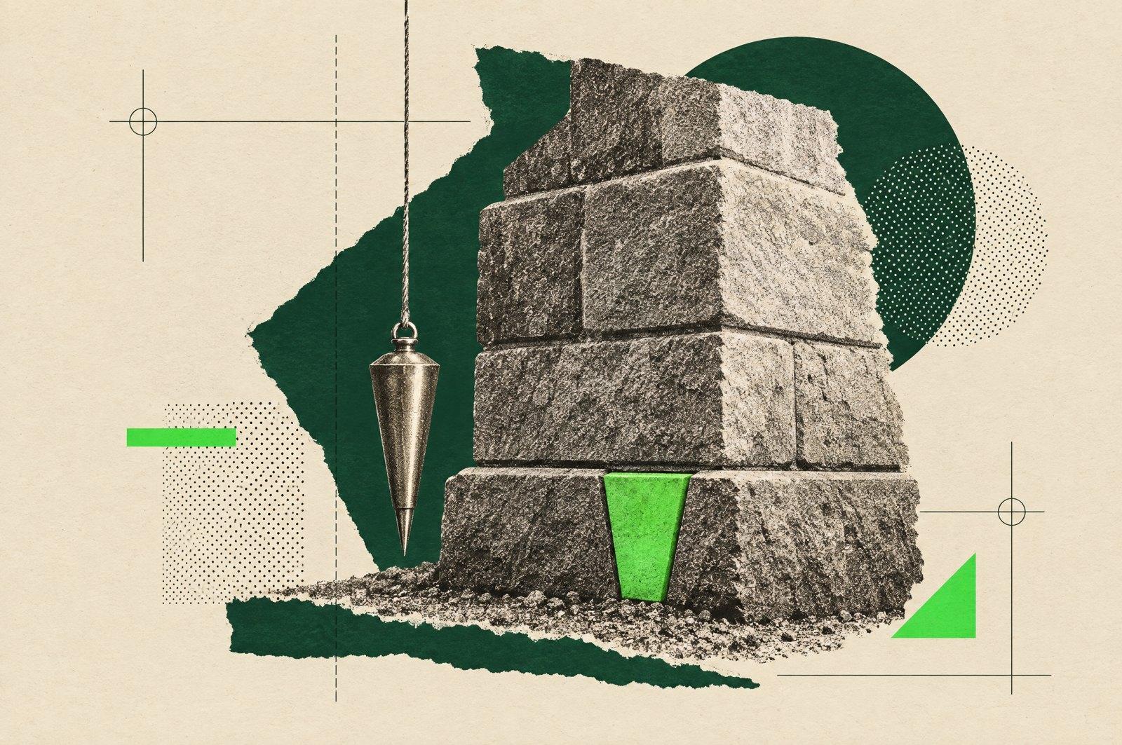 Collage: a vintage stone foundation of stacked blocks with a plumb bob hanging straight beside it, drafting lines, and a green keystone-shaped block set at the base.